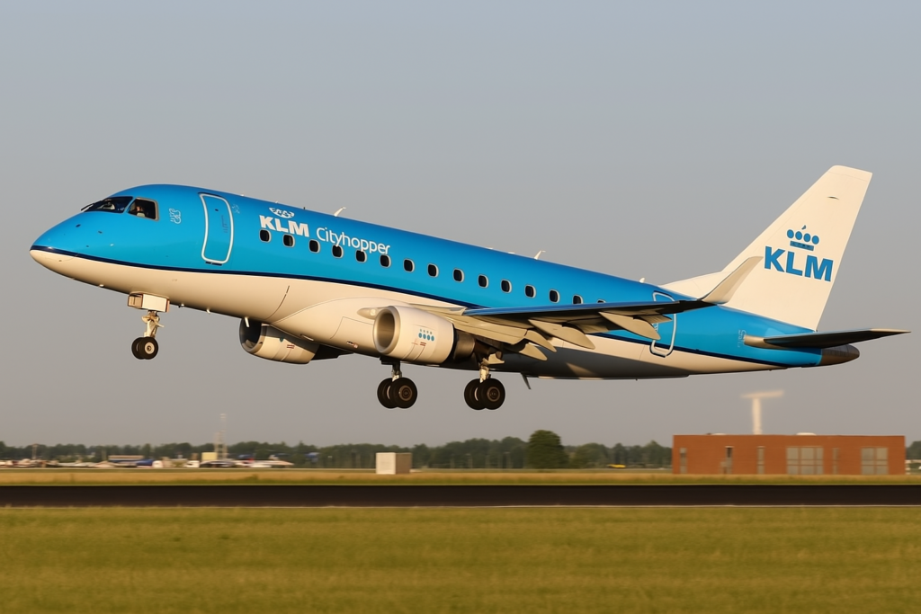 KLM Embraer E-Jet aircraft landing on a clear day in Amsterdam