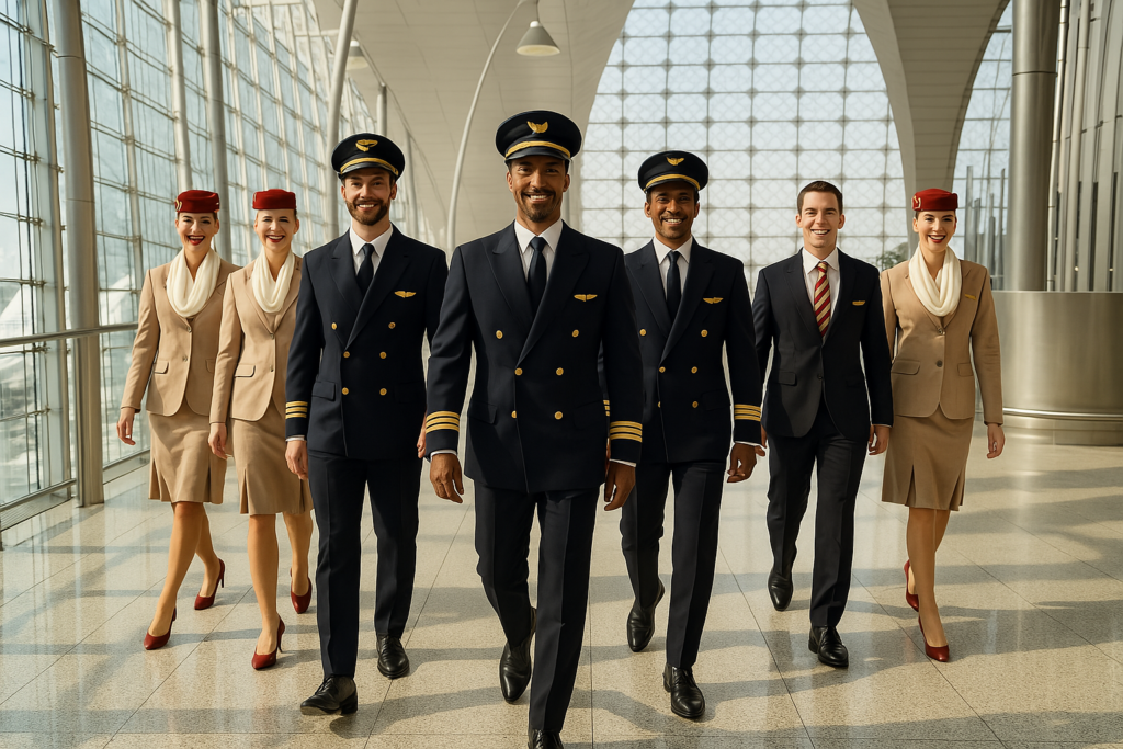 Emirates pilots and cabin crew walking confidently through Dubai airport, symbolizing prestige, salary, and career benefits in 2025.