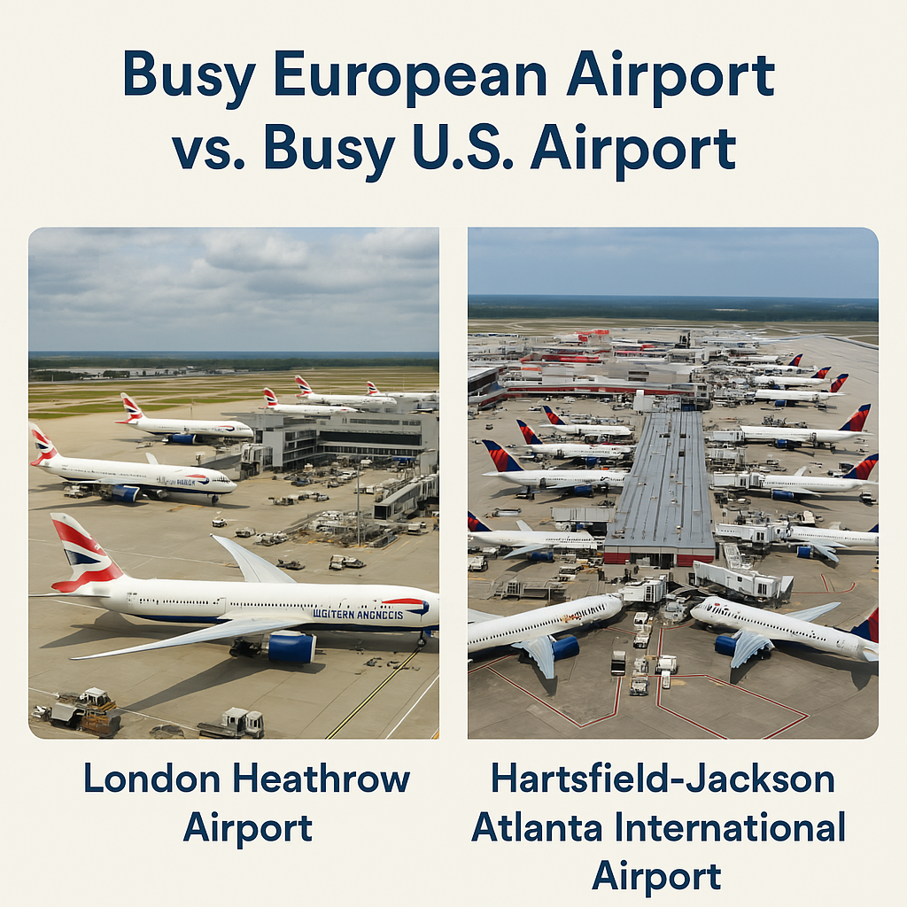 Side-by-side comparison of London Heathrow and Atlanta Hartsfield-Jackson airports, representing European and U.S. passenger traffic in 2025.