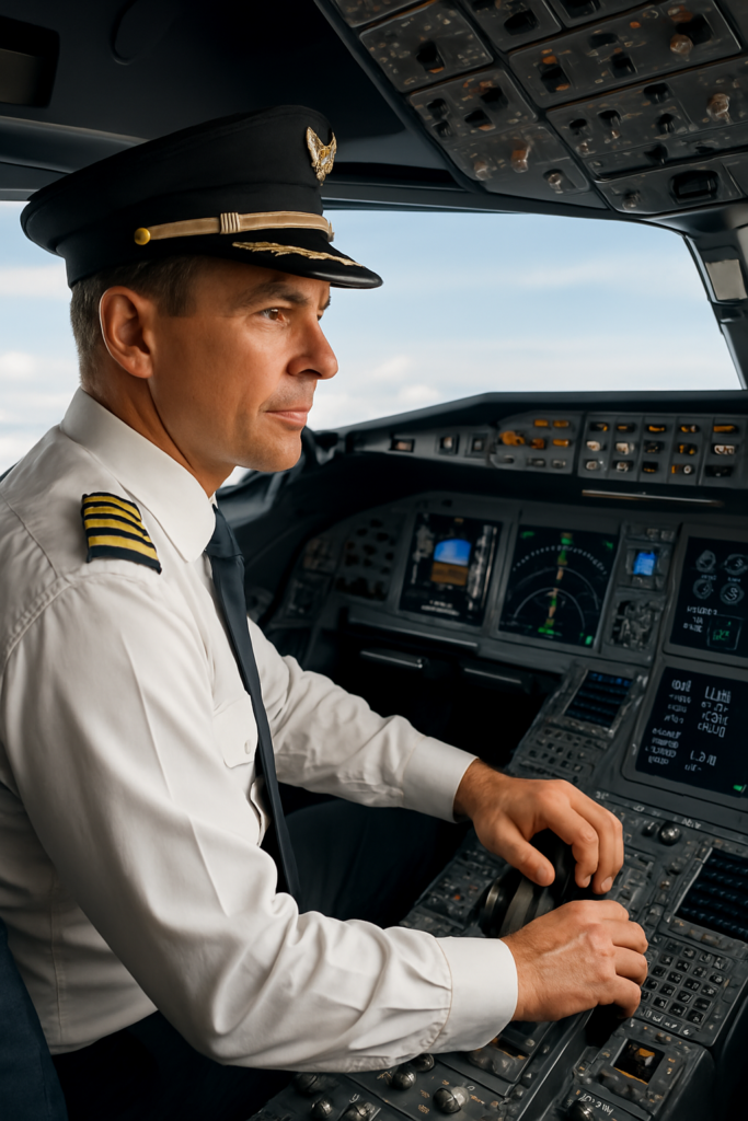 Commercial airline pilot in the cockpit preparing for flight