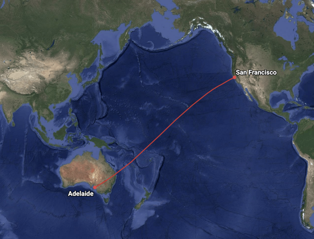 Flight path between San Francisco and Adelaide on world map