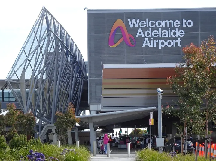 Welcome sign and terminal entrance at Adelaide Airport in South Australia