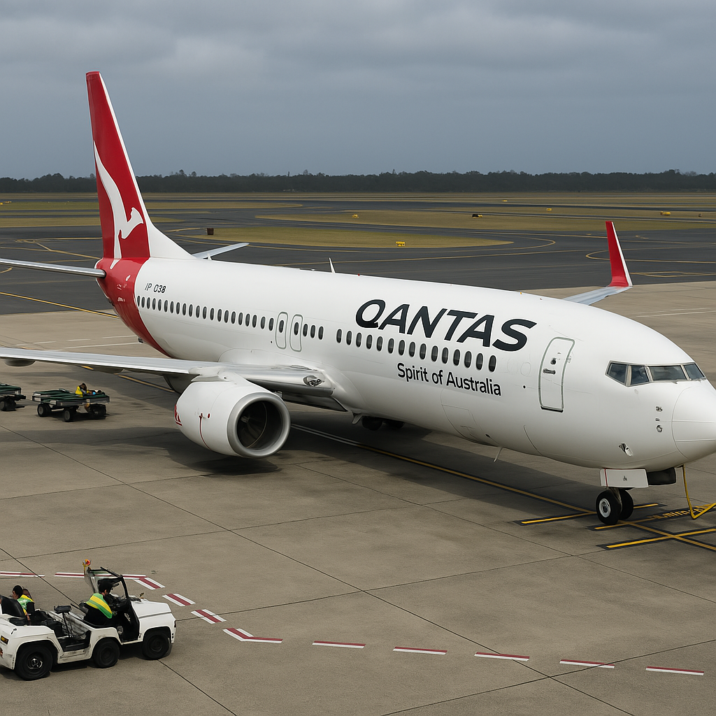 Qantas Boeing 737-800 parked at airport gate with ground crew and baggage vehicles nearby