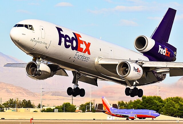 FedEx McDonnell Douglas MD-10-10F cargo aircraft parked on the ramp.
