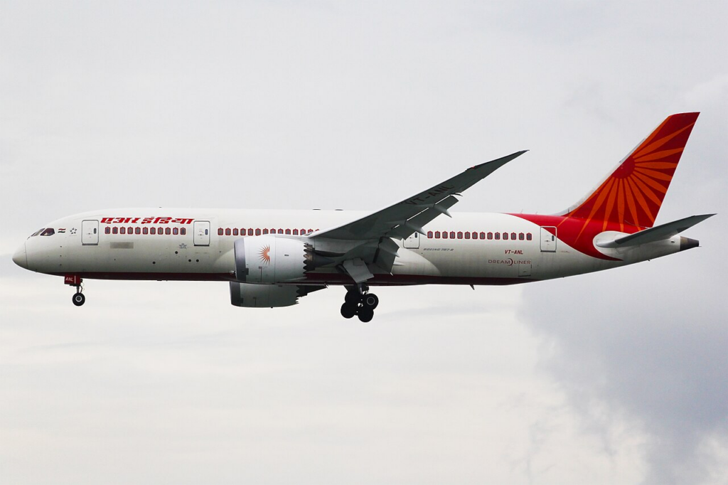 Air India Boeing 787‑8 Dreamliner approaching the runway.