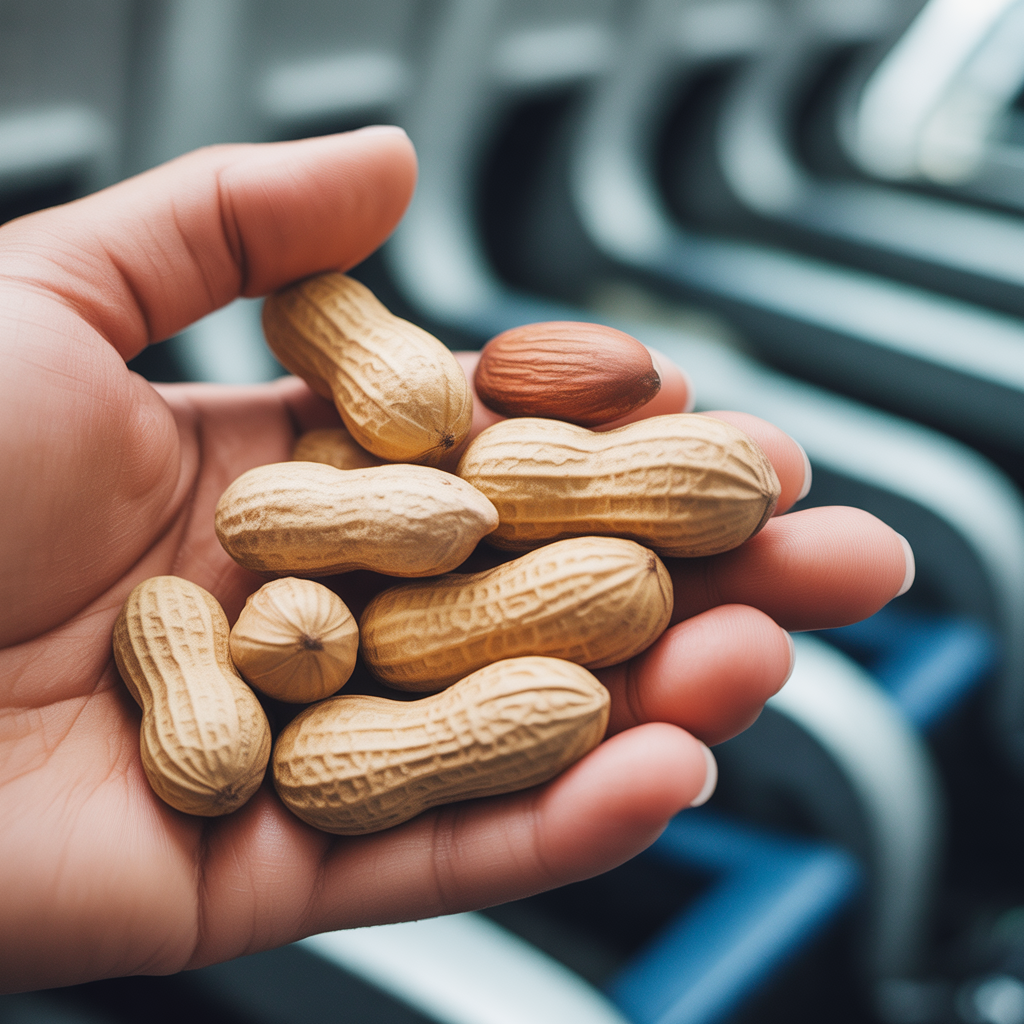 Hand holding peanuts inside an airplane cabin